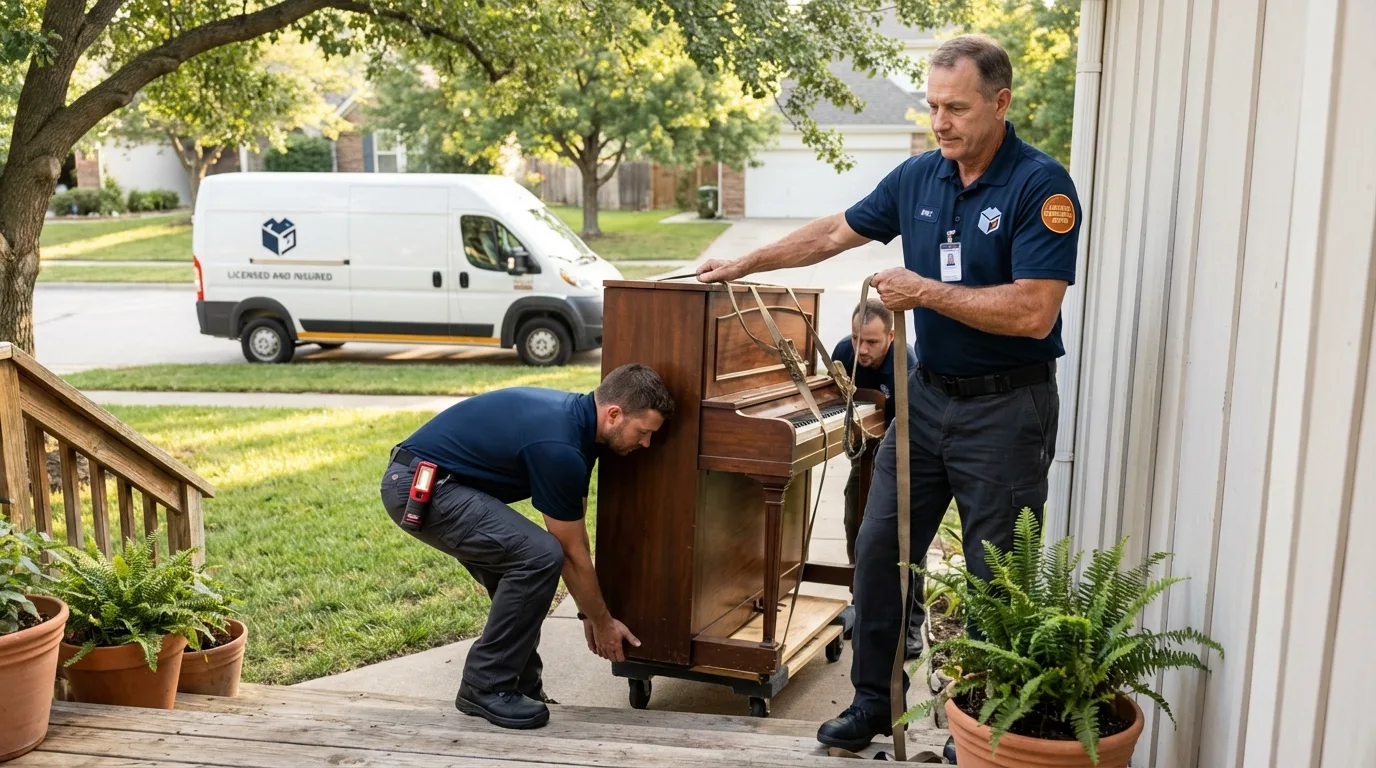 Licensed piano movers securing grand piano in Mount Sterling, IL