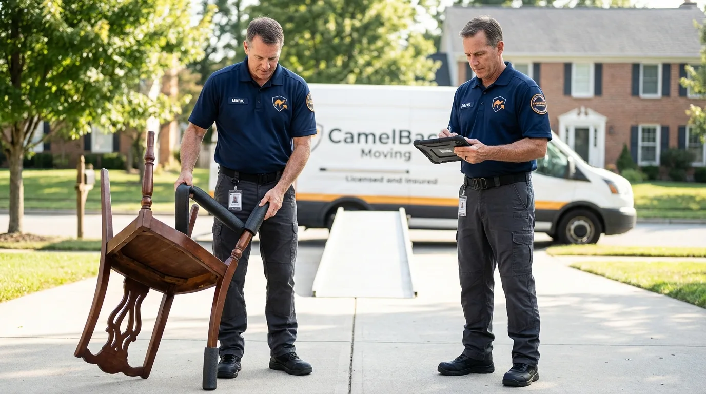 Movers inspecting furniture for damage prevention before loading in Mount Sterling, IL