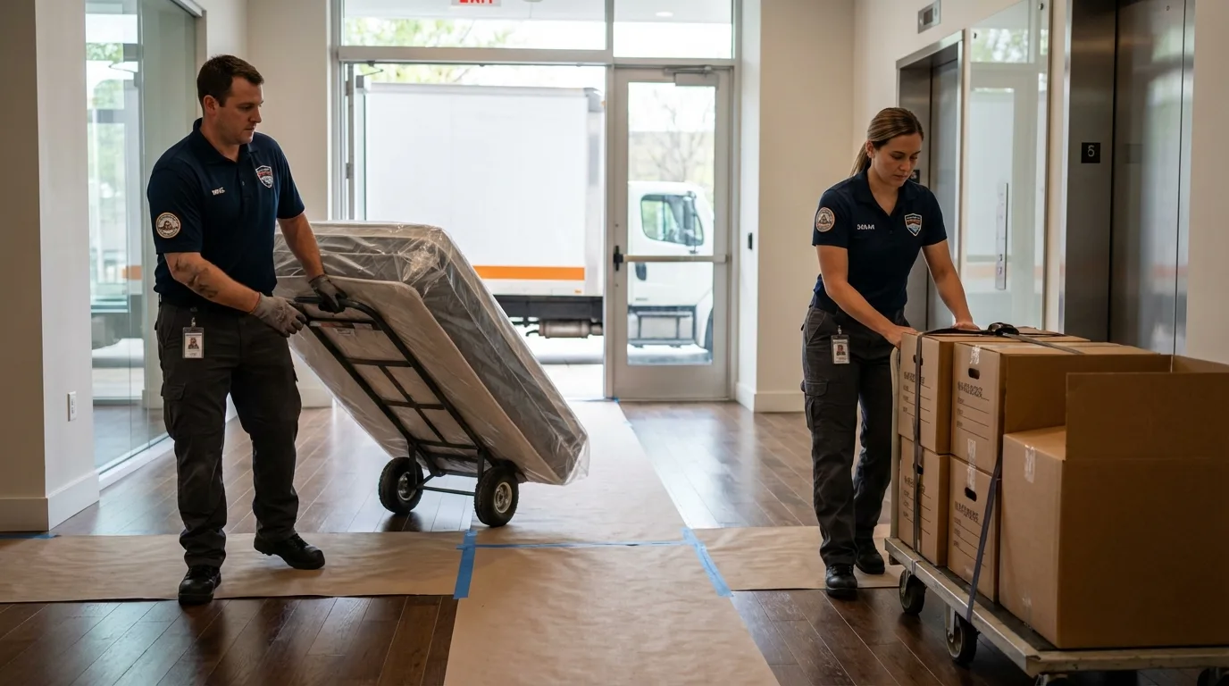 Professional apartment movers loading elevator in Mount Sterling, IL