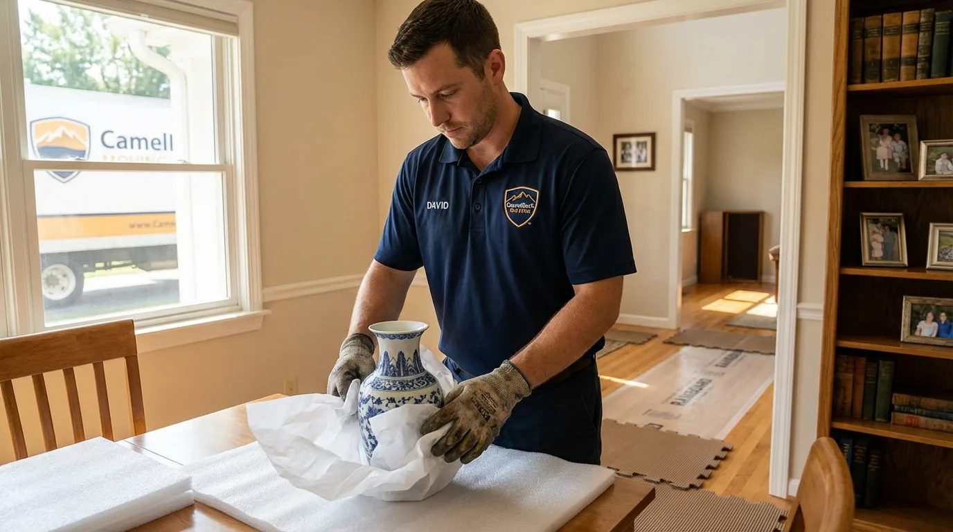 Professional crew carefully wrapping antique vase for senior downsizing move in Mount Sterling, IL